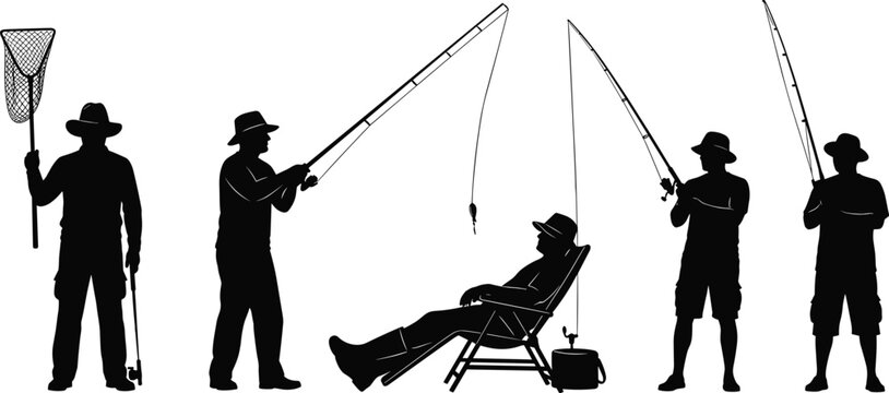 Fishing silhouettes, anglers with rods, relaxing fisherman chair, outdoor sport activity, black vector illustration, isolated on white background stock design