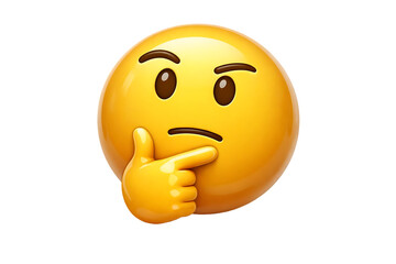 A detailed illustration of a yellow thinking face emoji with a hand on its chin on transparent background high quality professional