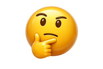 A detailed illustration of a yellow thinking face emoji with a hand on its chin on transparent background high quality professional