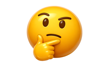 A vibrant yellow emoji expressing thoughtfulness with a hand on chin featuring detailed shading and a curious expression on transparent background