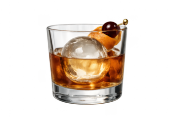 Old fashioned whiskey cocktail with ice sphere