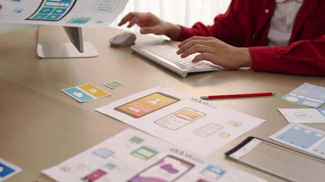 Excellent startup company employee presenting user interface prototype for mobile application to smart manager in office workspace. UX UI designer explain function of icon design on paper. Synergic