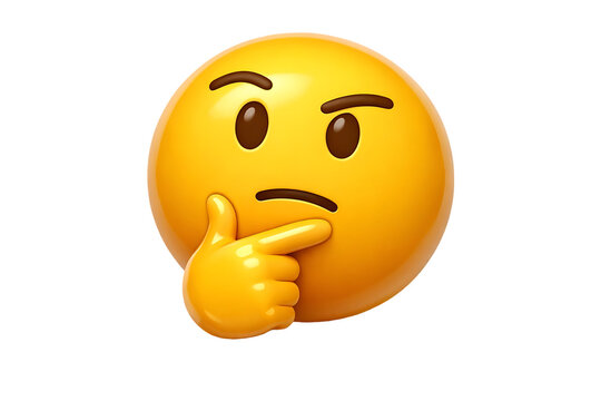 A vibrant yellow emoji expressing thoughtfulness with a hand on chin featuring detailed shading and a curious expression on transparent background