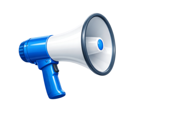 A realistic rendering of a blue and white megaphone angled slightly isolated for design projects on transparent background high quality professional