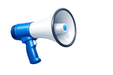 A realistic depiction of a blue and white megaphone angled slightly upwards with detailed textures perfect for graphic design on transparent background