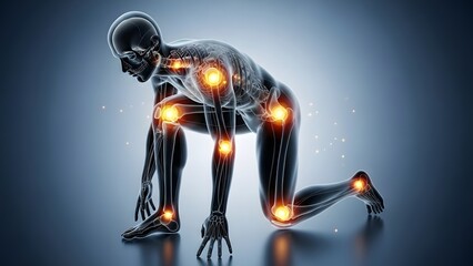 Human musculoskeletal system and joint inflammation points. Holistic healthcare and wellness recovery. Skeleton in runner pose with golden glowing circles on all major joints