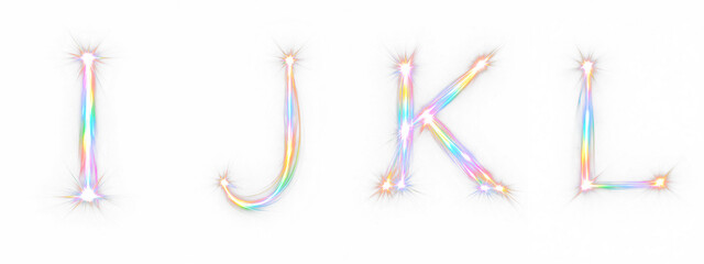 Letters glowing effect. Transparent background PNG mega set. Refraction glowing rainbow colored glowing neon lights. I J K L