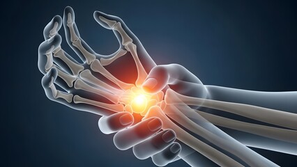 Fototapeta premium Repetitive strain injury and wrist arthritis anatomy. Occupational health and hand therapy. Person holding painful wrist with glowing red skeletal system visualization
