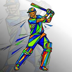 Cricket player in action with vibrant geometric design