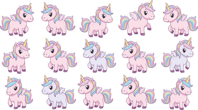 Cute Unicorn Illustration Set Featuring Pastel Rainbow Ponies with Wings and Magical Fantasy Elements in Cartoon Style