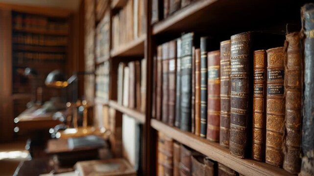Medium shot of a quiet law library corner showcasing a mix of antique leatherbound law books and modern digital law research tools on shelves.
