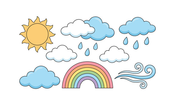 Spring weather elements set bundle spring sun clouds rainbow rain wind