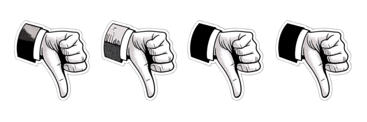 A series of four identical hand gestures displaying a clear thumbs down sign perfect for disapproval on transparent background high quality