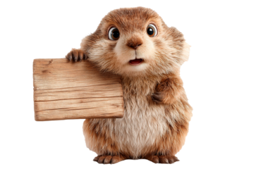 Friendly CGI animated character holding a wooden sign in a bright setting