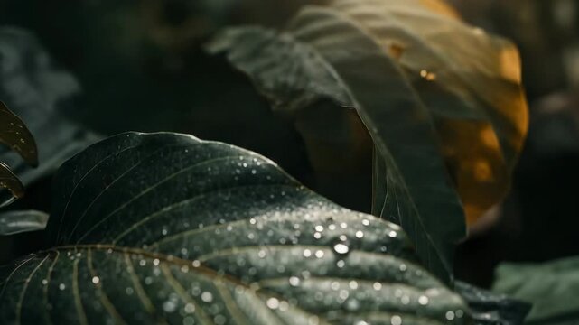 Shining green leaf showing drops coalescing toward lower-right tip as gravity pulling in garden