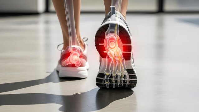 Plantar fasciitis and ankle joint pain anatomy. Podiatry healthcare and sports recovery. Close up of runner feet in sneakers with red glowing skeletal foot bones showing inflammation