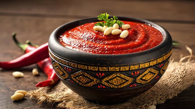 Bowl of Red Pepper Sauce with Chilies, 4k video