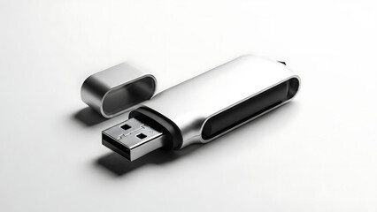 Modern silver USB flash drive with cap off, isolated on a white background, perfect for data storage concepts.