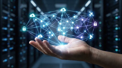 Global network and secure cloud computing system shown through holographic digital interface in hand,emphasizing technology,data sharing,and information security