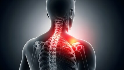 Shoulder pain and upper back muscle tension. Orthopedic spine health and posture. Male back view with glowing red cervical spine and shoulder blade bone anatomy illustration