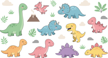 Cute Baby Dinosaur Illustration Set – adorable cartoon dinosaurs including brontosaurus, triceratops, stegosaurus, T-rex, pterodactyl, and baby dinos with volcano, leaves, and clouds . © AnjueManAra