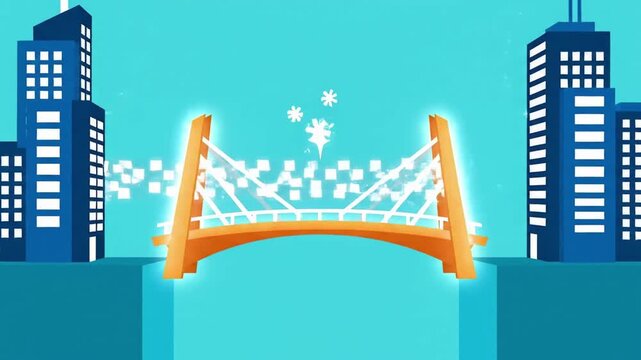 Vibrant orange suspension bridge connecting modern city buildings.