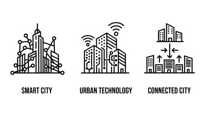 Fototapeta premium Smart city technology icons: connected cityscape, networked buildings with Wi-Fi, and urban data flow for future cities.