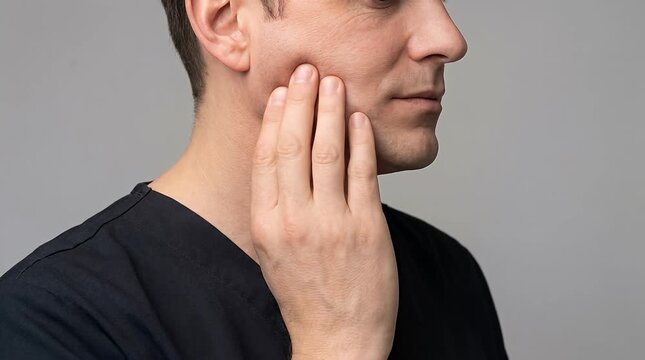Temporomandibular Joint Disorder (TMJ Pain) Explainer, Side Profile Adult Touching Jaw, Subtle Jaw Tension and Mouth Opening Closing Motion