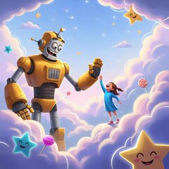 Child reaching out to giant robot high‑five in surreal whimsical clouds with humorous playful narrative artwork style