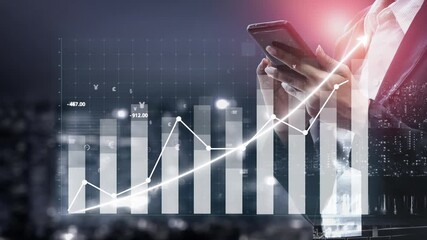 Business professional using smartphone to analyze financial data with a stock market graph in the background, depicting growth and market trends. Copula - Powered by Adobe