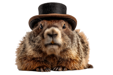 Realistic groundhog wearing a miniature hat sitting on a white background during daylight hours