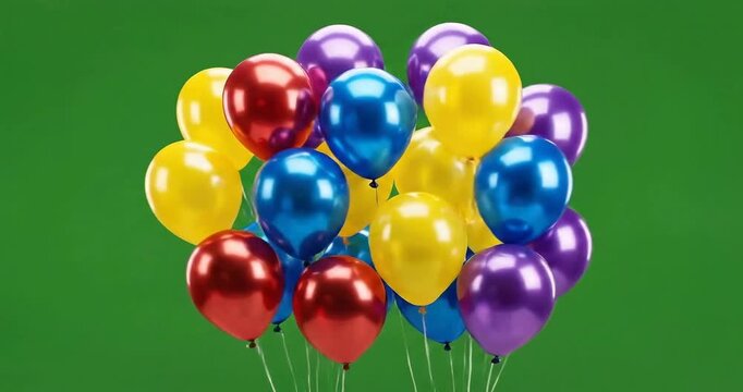Vibrant colorful balloons floating in the air on green background joyful festive scene with red blue purple and yellow inflatables celebration decoration elements