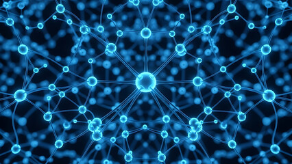 Dynamic blue neural network. Abstract glowing nodes symbolizing modern technology, AI, and digital connection.