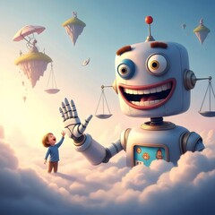Playful fantasy artwork featuring surreal whimsical giant robot high‑five with child in imaginative cloud atmosphere
