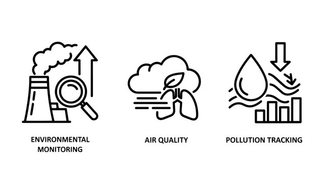 Environmental conservation and pollution monitoring icons featuring industrial emission tracking, air quality health lungs, and water contamination analytics.
