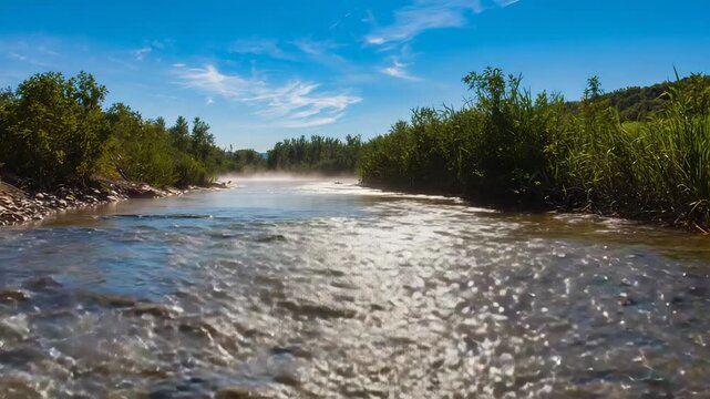 Flowing shallow stream moving downstream while frames progressing, low camera showing mist at creek