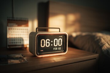 Vintage flip clock shows six o'clock on bedside table next to calendar in dim room with soft morning light
