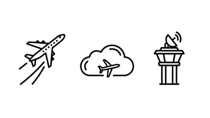 Airplane icons showing takeoff, flight in clouds, and airport control tower, symbolizing travel and aviation