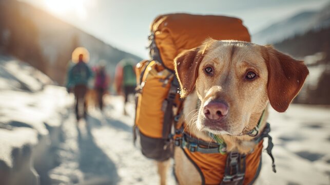 Explore adventure outdoor in National Park. A dog wearing a backpack standing in the snow, surrounded by a few people in the background. The dog wears a jacket, and the snow is a pristine white.