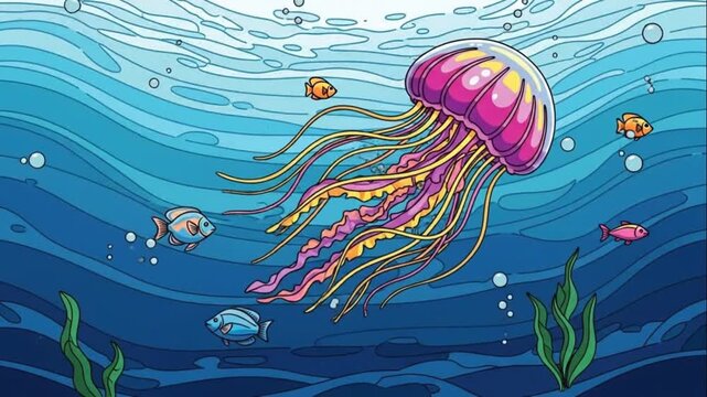 Colorful Jellyfish and Fish Underwater Illustration