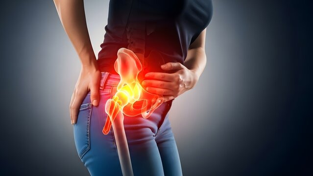 Chronic hip bursitis and sciatica nerve pain symptoms. Rheumatology and pelvic health. Woman standing with hand on painful hip showing red glowing joint and bone anatomy