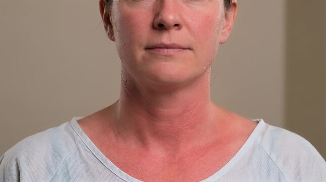 Autonomic Nervous System Overload Stress Response, upper torso and neck with skin flushing and light perspiration, subtle breathing motion