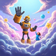 Surreal whimsical scene of giant robot and child high‑five surrounded by dreamy clouds and imaginative story