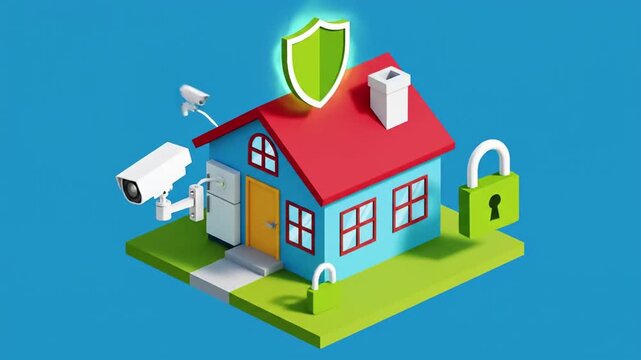 3D illustration of a house with security features and protection elements.