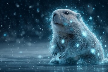 Futuristic hologram of a digital groundhog in a winter setting with snowflakes falling around it