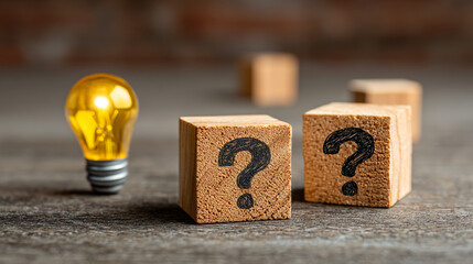 Wooden blocks with question marks and a yellow light bulb on a wooden surface.