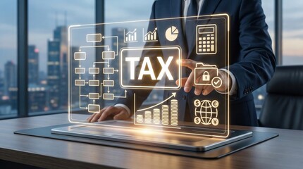 Businessman interacts with digital tax interface showing finance icons,data charts,security and global currency symbols,concept of modern taxation system