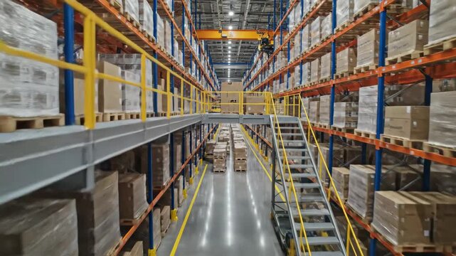 Warehouse Interior with Racks and Boxes - This video showcases the interior of a large warehouse, featuring rows of high racks filled with cardboard boxes on wooden pallets.