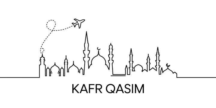 Continuous line drawing of kafr qasim city skyline with airplane