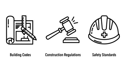Fototapeta premium Simple icons for building codes, construction regulations, and safety standards, featuring blueprint, gavel, and hard hat.